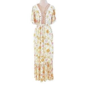 Anany‎ Women's Dress Yellow Floral Front Lace Tassel Trim Long Maxi Dress Size S